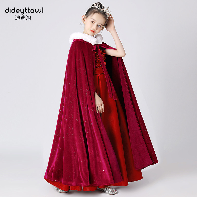 女童晚礼服防风披风连帽斗篷加绒加厚齐地女童演出礼服外出披风冬