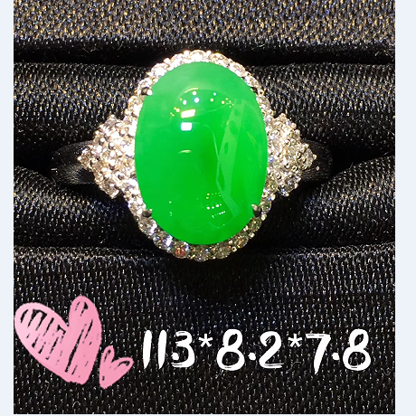 美之赞缅甸天然翡翠a货 糯冰种苹果绿 18k镶嵌戒面