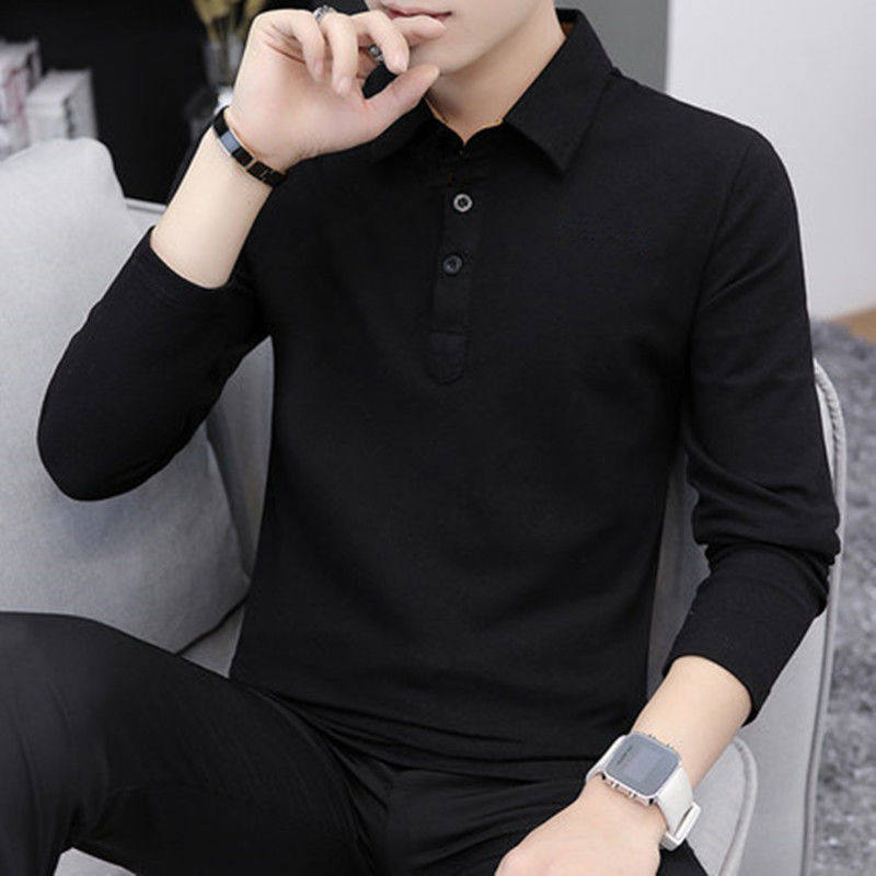 男装长袖t恤有领子男衫纯黑色男士休闲翻领秋装反领男衫体桖土丅