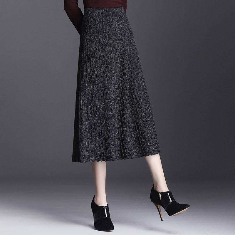深灰色羊毛针织半身裙2020秋装中长款a字裙松紧腰气质显瘦毛线裙