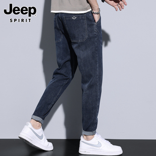 Jeep吉普牛仔裤男士夏季2024新款修身小脚弹力锥形九分长裤子男裤