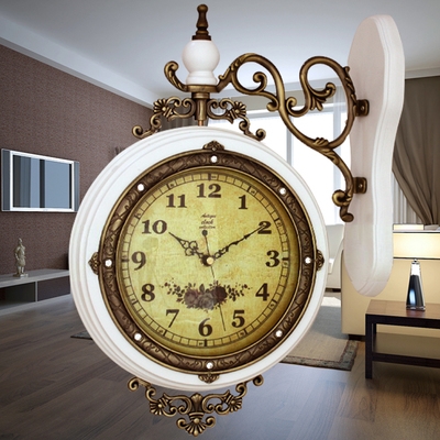 欧式超大号实木静音挂n钟现代客厅时尚双面石英钟表简约仿古挂钟