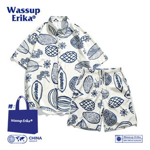 WASSUP ERIKA户外印花冰丝衬衫短裤两件套夏季休闲运动速干套装男