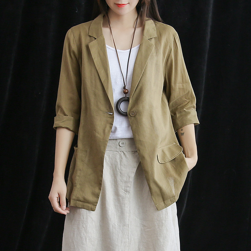 薄款亚麻西服外套女2020夏季新款七分袖修身休闲棉麻西装亚麻上衣