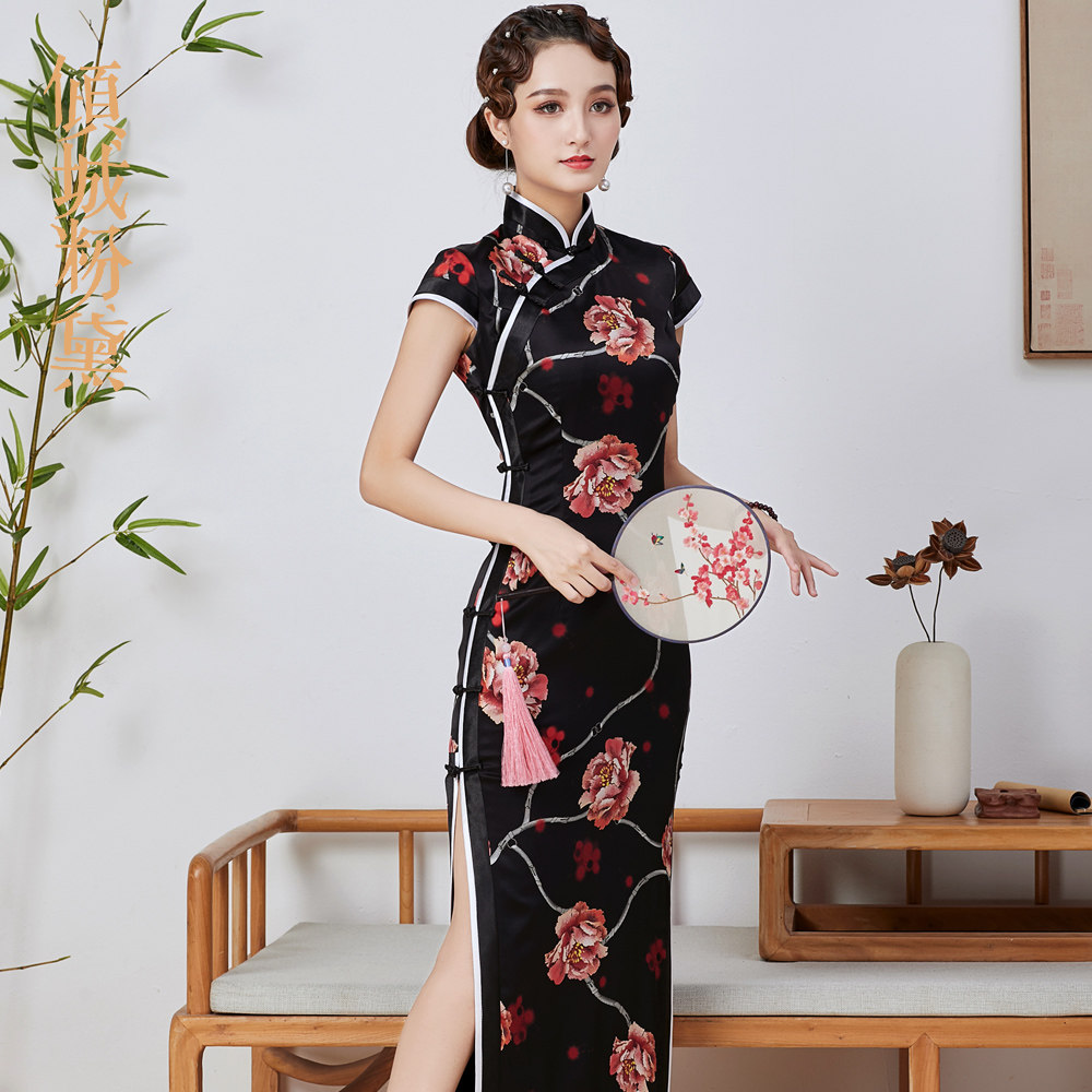 旗袍2021新款2月新品真丝全开襟复古日常端庄优雅走秀宴会旗袍女