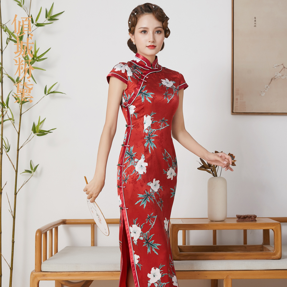 倾城粉黛真丝蚕丝改良旗袍2021夏装新款复古修身婚庆宴年会礼服裙