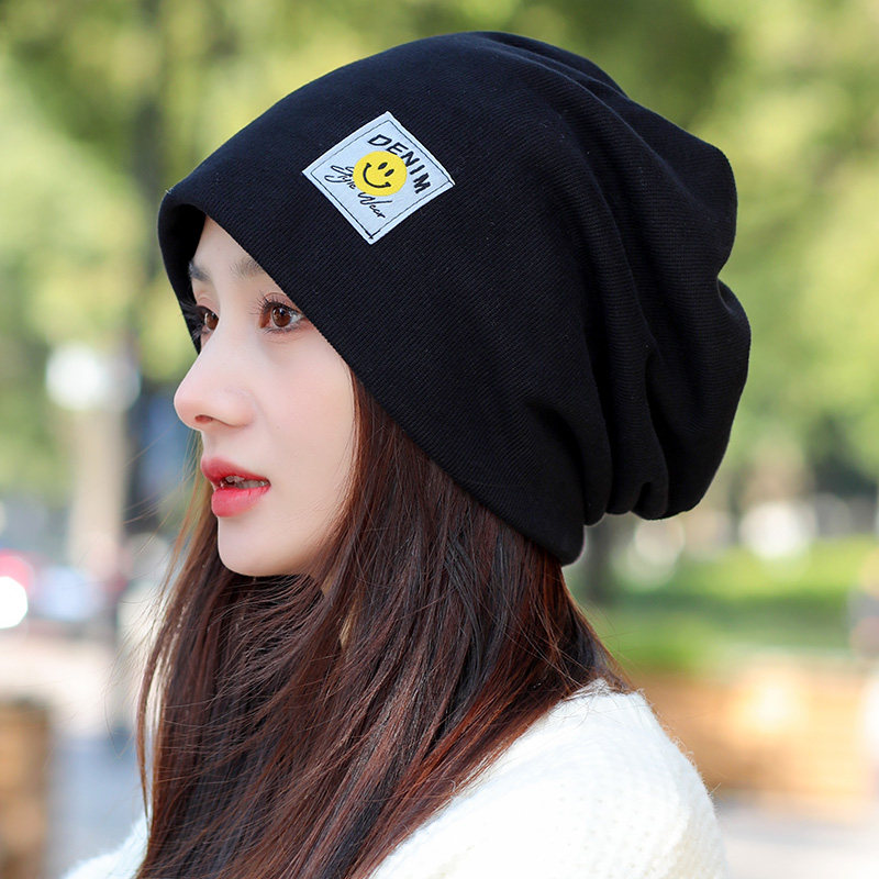显脸小ins黑色帽子女秋冬季潮百搭堆堆帽洋气包头冷帽笑脸套头帽
