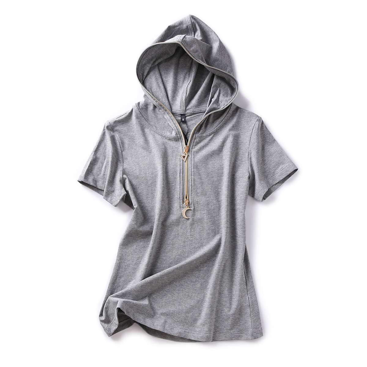 灰色纯棉t恤女设计感小众小个子拉链连帽2021新款薄款短袖上衣ins