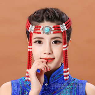 蒙古族跳舞头饰女成人少数民族舞蹈演出珠子发饰长流苏系带可调节