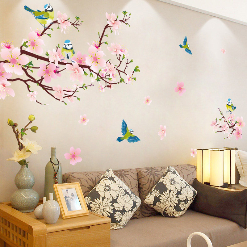 唯美桃花贴画古典中国风装饰墙画客厅电视背景墙贴纸壁纸自粘贴花