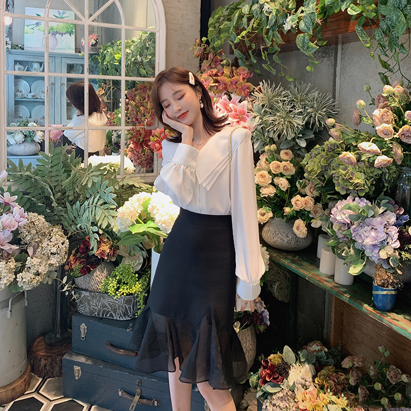 于momo2019夏装新品设计感三层娃娃领韩版纯色衬衫甜美小姐姐上衣