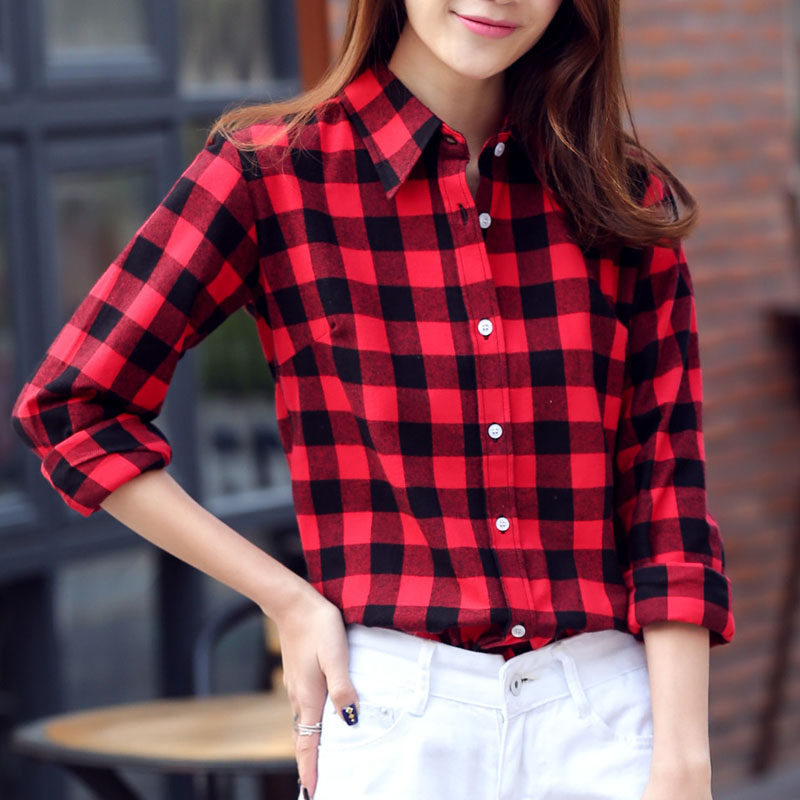 红黑格子长袖衬衫女