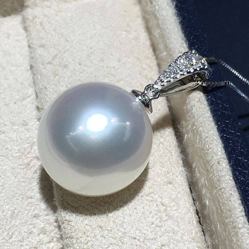 (今日10折)18k金 南洋澳白珍珠吊坠14-15mm 天然海水珠 圆形强光无瑕