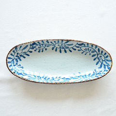 青花风格手绘日式和风12.8英寸陶瓷椭圆盘子鱼盘餐具藤蔓