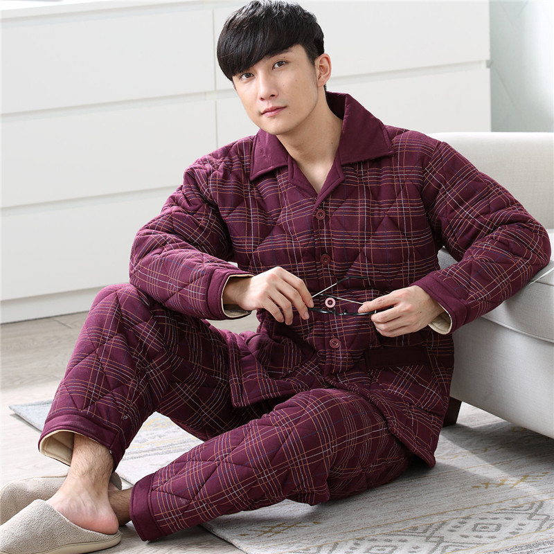 冬季三层加厚纯棉男睡衣三层棉布夹棉家居棉服加棉中老年爸爸套装