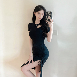 Irregular drawstring short sleeve high waist dress