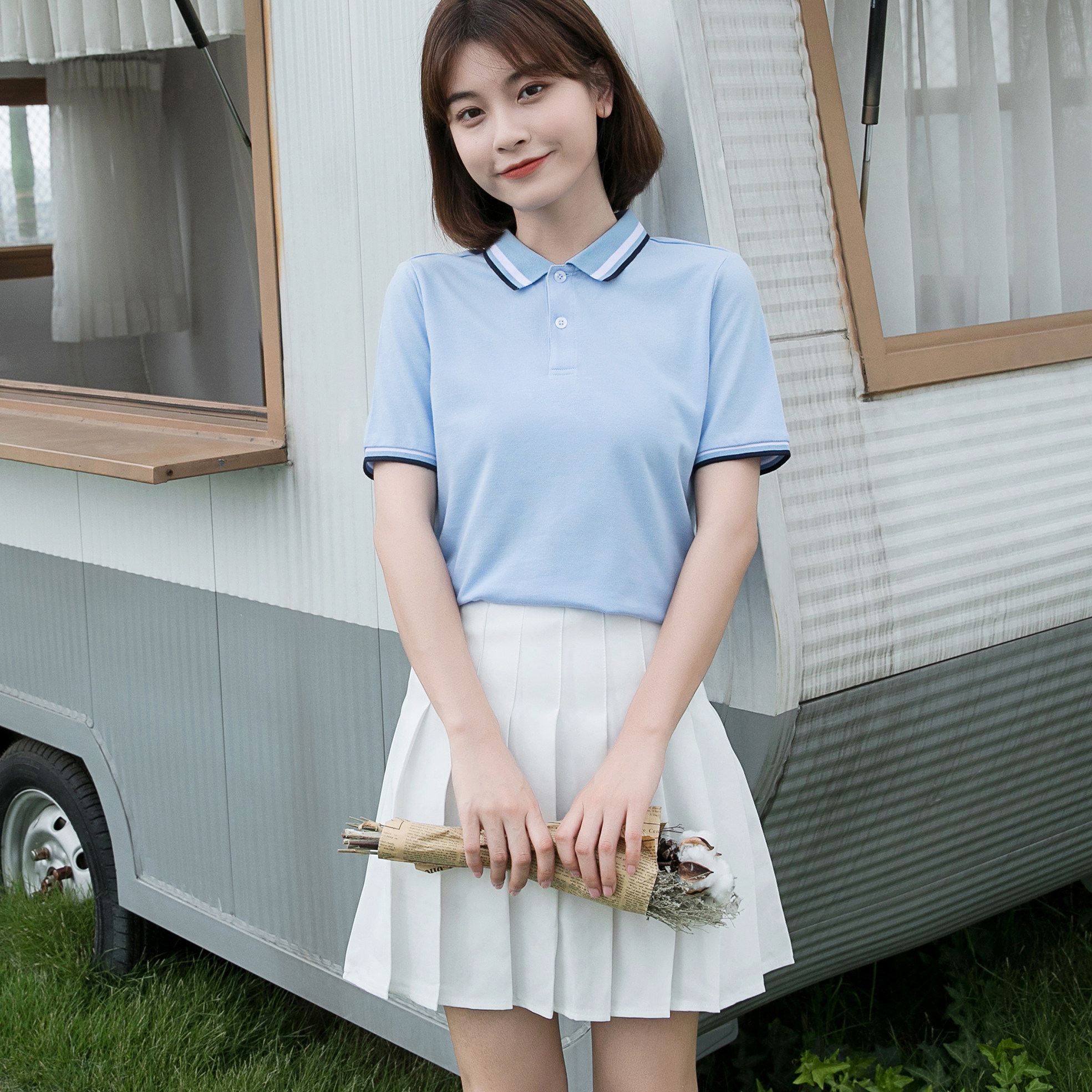 学院风套装女夏季短袖polo衫半身短裙百褶裙两件套时尚工作服定制