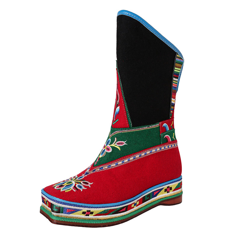 新冬季藏族松巴鞋女民族风羊绒刺绣内增高牛皮底歌装透气跳舞靴子
