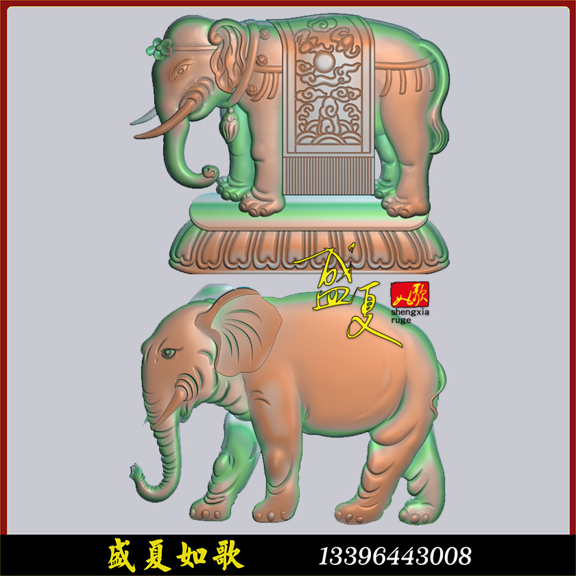 公母大象精雕图动物玉雕摆挂件工艺品浮雕砖石木雕装饰灰度图精品