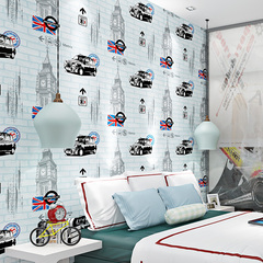 地中海儿童房砖纹卡通汽车纯纸墙纸 男孩卧室客厅书房壁纸环保