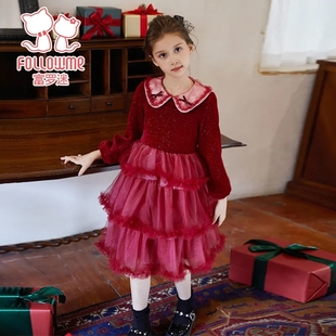 富罗迷女童连衣裙儿童冬装2023新款洋气小女孩冬天加厚红色公主裙