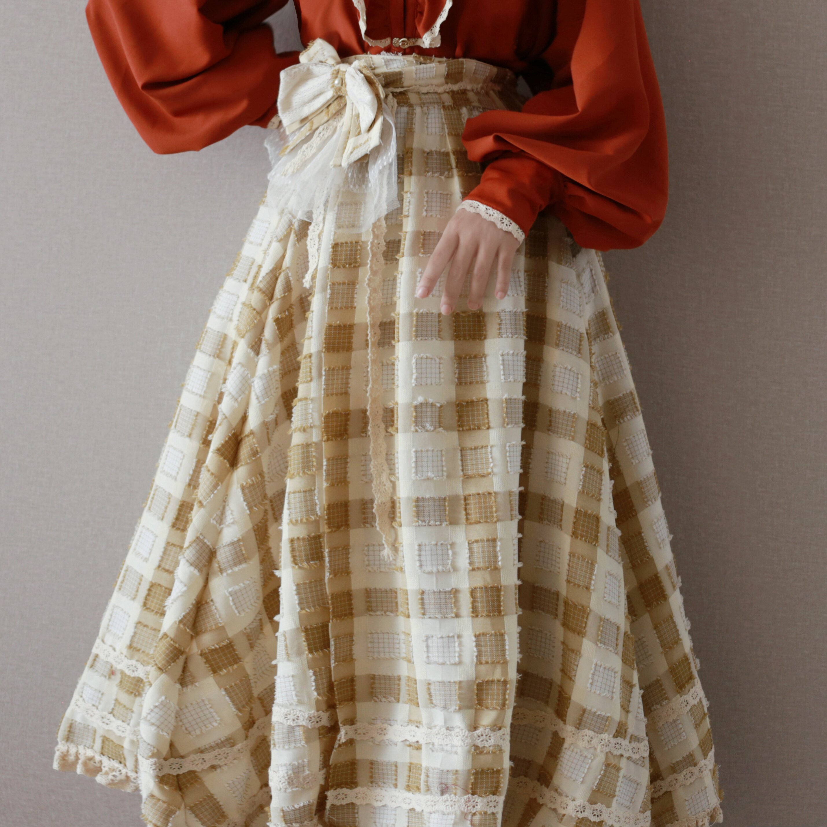 思君亭-熊熊圆舞曲-八破裙汉服唐制格子蕾丝蝴蝶结长裙学生女士