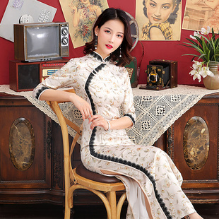 真丝绸旗袍改良版连衣裙修身中长款长袖年轻款少女复古优雅中国风