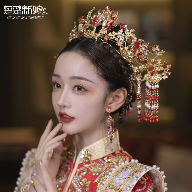 中式婚礼新娘秀禾服头饰金红色凤冠流苏后区古典大气结婚发饰品