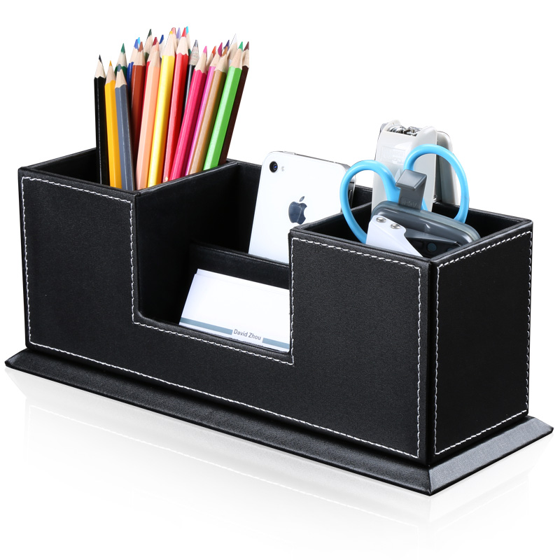 纯色皮革双笔筒学生书桌文具收纳盒创意商务办公大容量笔筒名片座