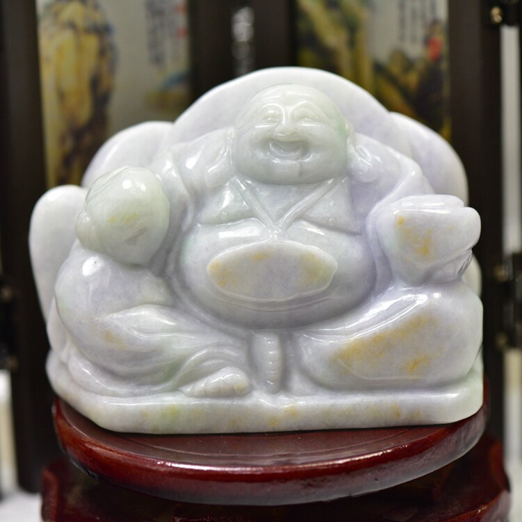 天然缅甸翡翠a货玉石佛摆件淡紫玉器弥勒佛摆件大肚佛摆件送证