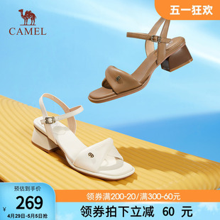 骆驼女鞋2024夏季新款粗跟一字带真皮凉鞋女休闲低跟凉鞋女
