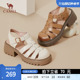 骆驼女鞋2024春夏新款小众编织复古潮范粗跟增高时尚休闲时装凉鞋