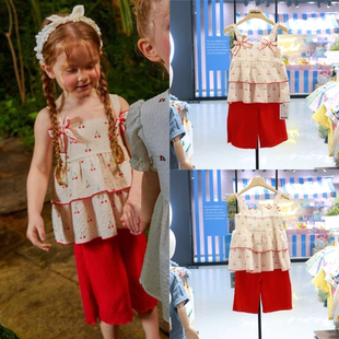 milibam女童甜美樱桃套装韩国代购24夏季裙式吊带+红色阔腿裤两件