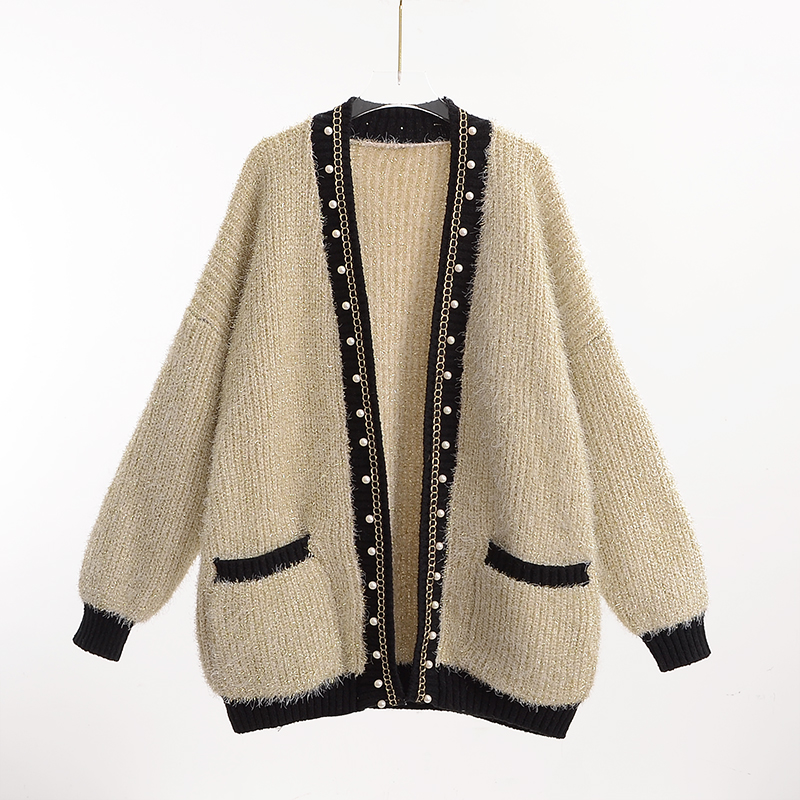 气质慵懒风v领针织开衫外套女2022春装新款重工钉珠毛衣中长款