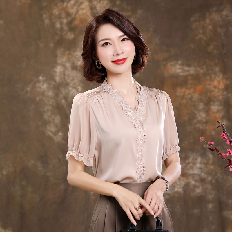 粉色设计感小众2020夏装新款v领短袖重磅真丝衬衫女桑蚕丝上衣