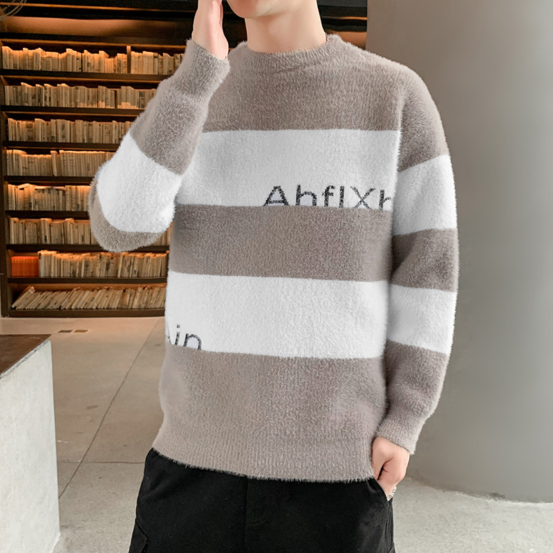 79342p50青少年秋冬季圆领毛衣男拼色针织衫初中高中加厚图片