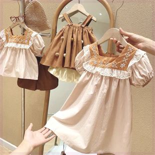 女童韩版洋气短袖娃娃衫裙2024夏季新款小女孩刺绣时髦大地色短裤