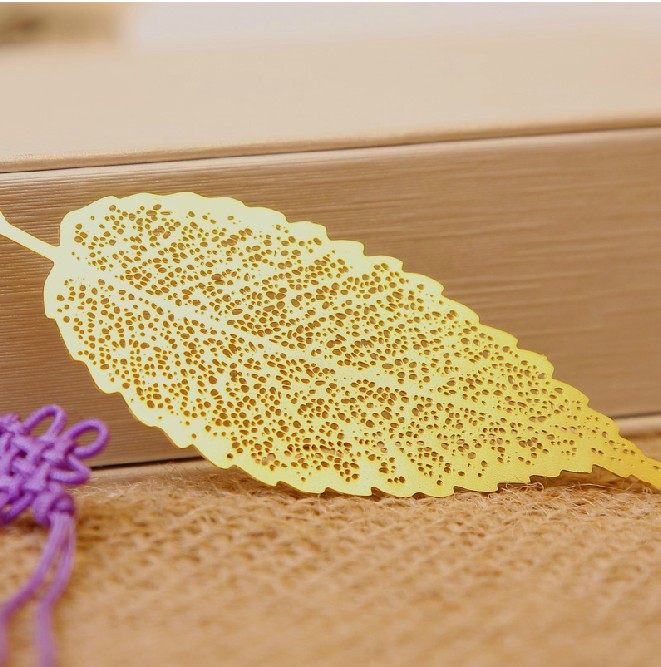 碳墨轩 中国风创意高档黄铜书签系列细纹桑叶中国结 送礼自用佳品