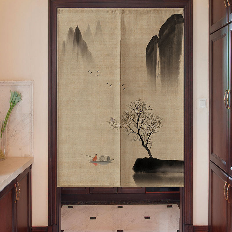 中国风式山水墨画门帘布艺定制书房卧室养生茶馆隔断遮挡帘免打孔
