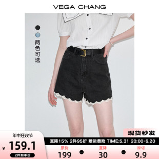 VEGA CHANG牛仔裤女2024年夏季新款复古时髦设计感蕾丝花边短裤