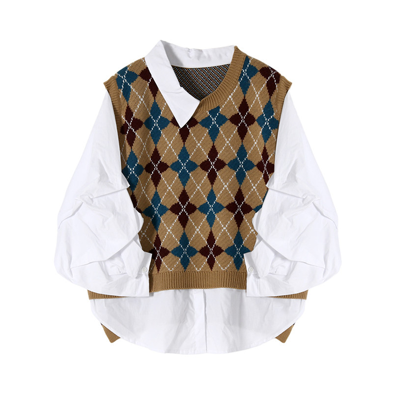 vega chang假两件衬衫女长袖2019春装灯笼袖格子拼接衬衣宽松上衣