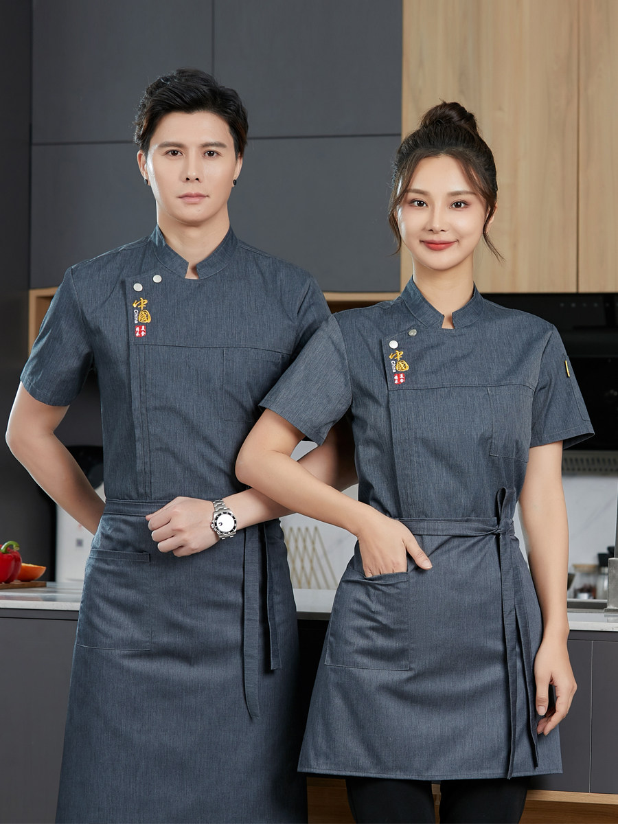 夏天纯棉厨师工作服短袖薄款男高级酒店厨房糕点师半袖服装透气网