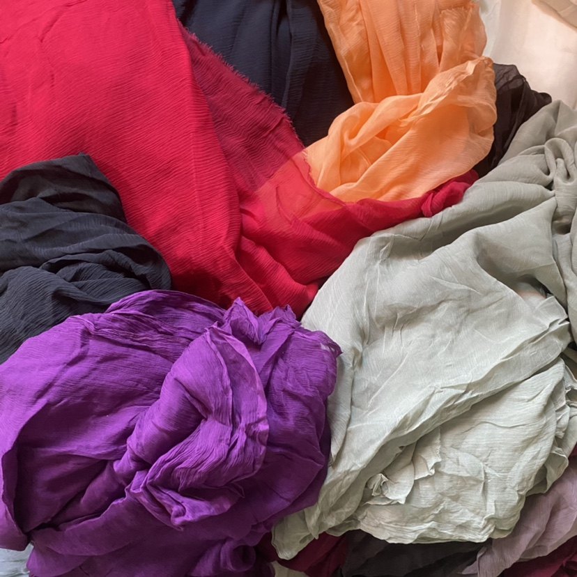 小蓝真丝大块印花顺纡纱100桑蚕丝零头布料飘逸褶皱面料silk丝绸