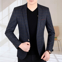 2016新款韩版男士西服中年男装商务休闲格子小西装修身外套男秋装