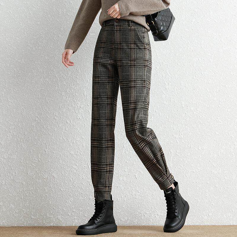 加绒格子裤女2020秋冬新款高腰显瘦百搭休闲韩版九分束脚哈伦裤女