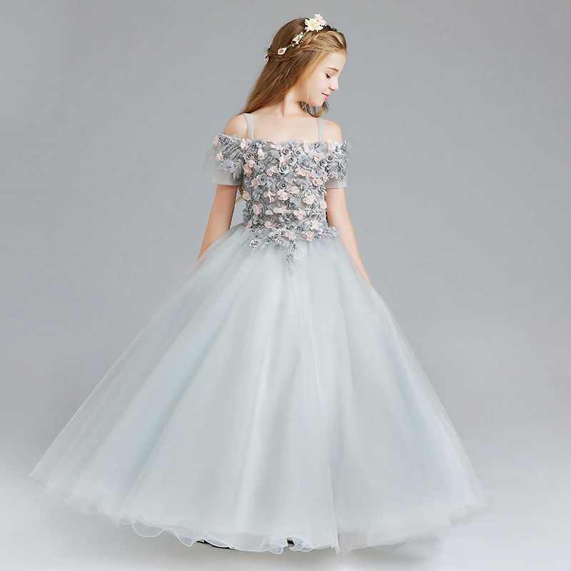 儿童礼服生日公主裙一字肩花童婚纱主持人晚礼服中大童钢琴演出服