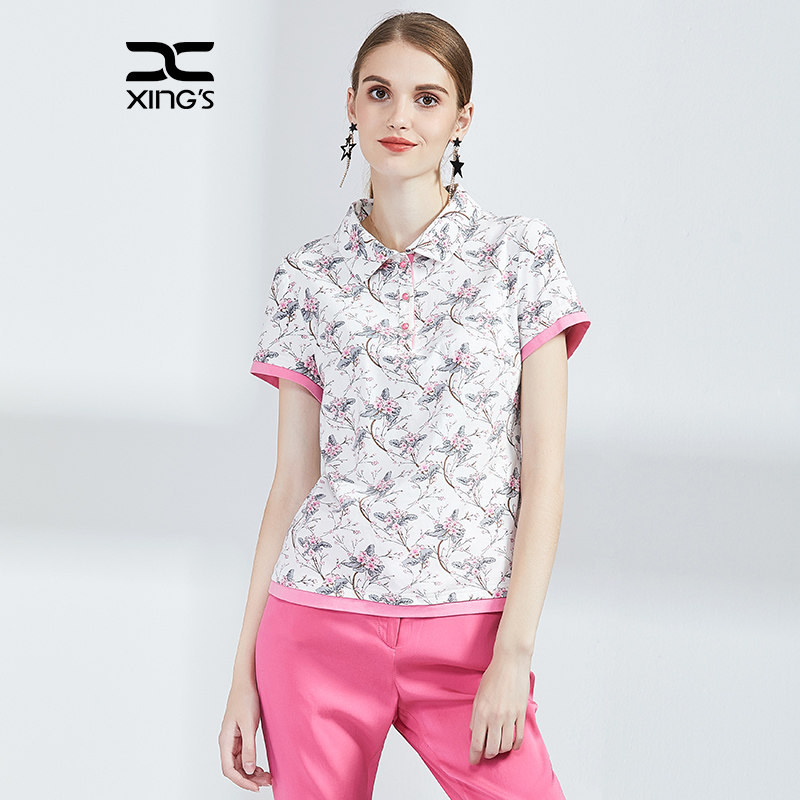 邢氏女装 夏季大码纯棉t恤女短袖2019新款妈妈修身印花翻领上衣