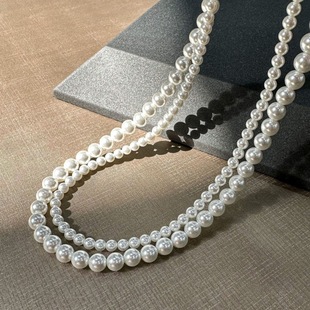 法式小香风珍珠项链 复古优雅仿施家双层珍珠锁骨链 蝴蝶扣珍珠链