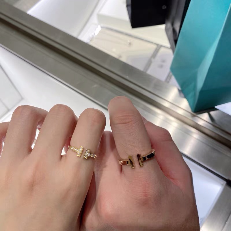 tiffany/蒂芙尼18k玫瑰金双t开口无钻戒指满钻情侣婚戒男女对戒