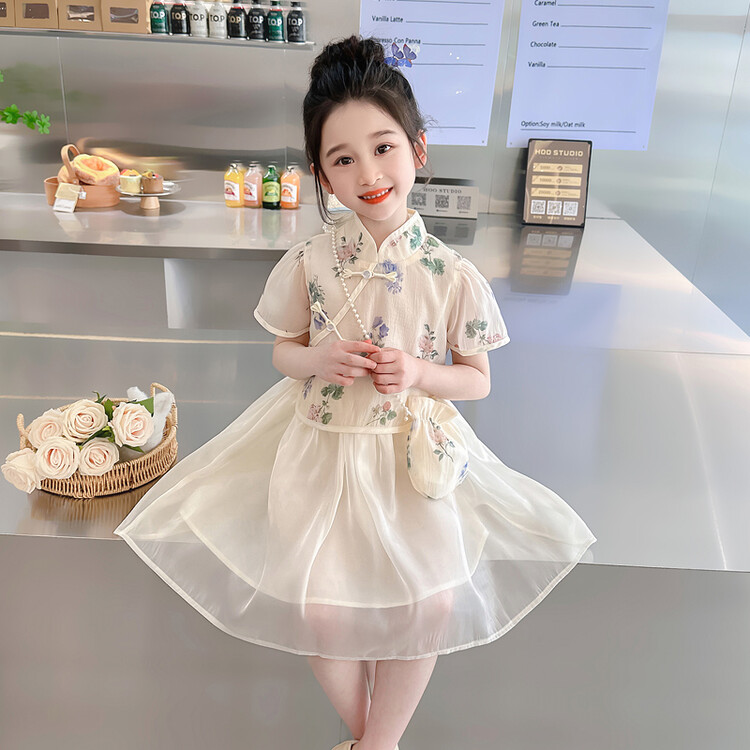 女童夏款连衣裙套装唐装女宝2024新款中式汉服女孩时髦中国风纱裙